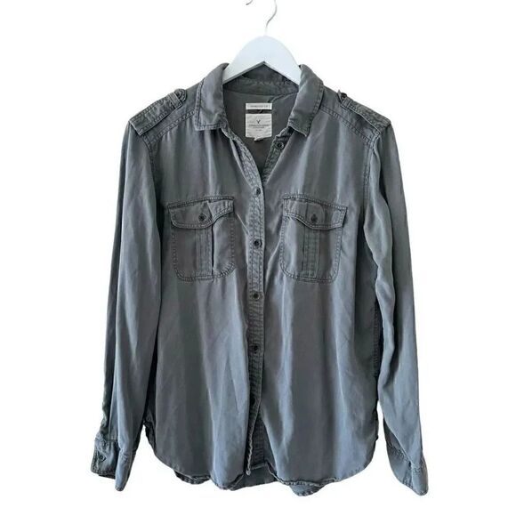 American Eagle Lyocell Olive Green Button Down Utility Shirt Oversized Fit SZ S - Picture 1 of 9
